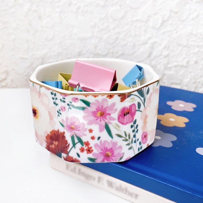 LEAZUL Ceramic Paper Clip Holder Gold Line Paper Clip Dispenser Organizer for Desk Cute Floral Pattern Office Binder Clip Holder Bobby Pin and Hair Clip Holder Gift for Office (White Pink) - Image 5
